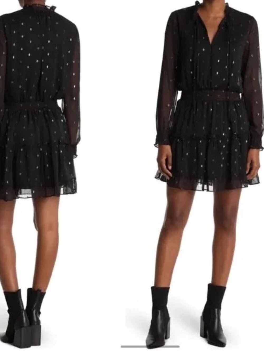 NSR Emma Black Semi Sheer Tiered Ruffle Whimsygoth Ruched Mini Dress Small